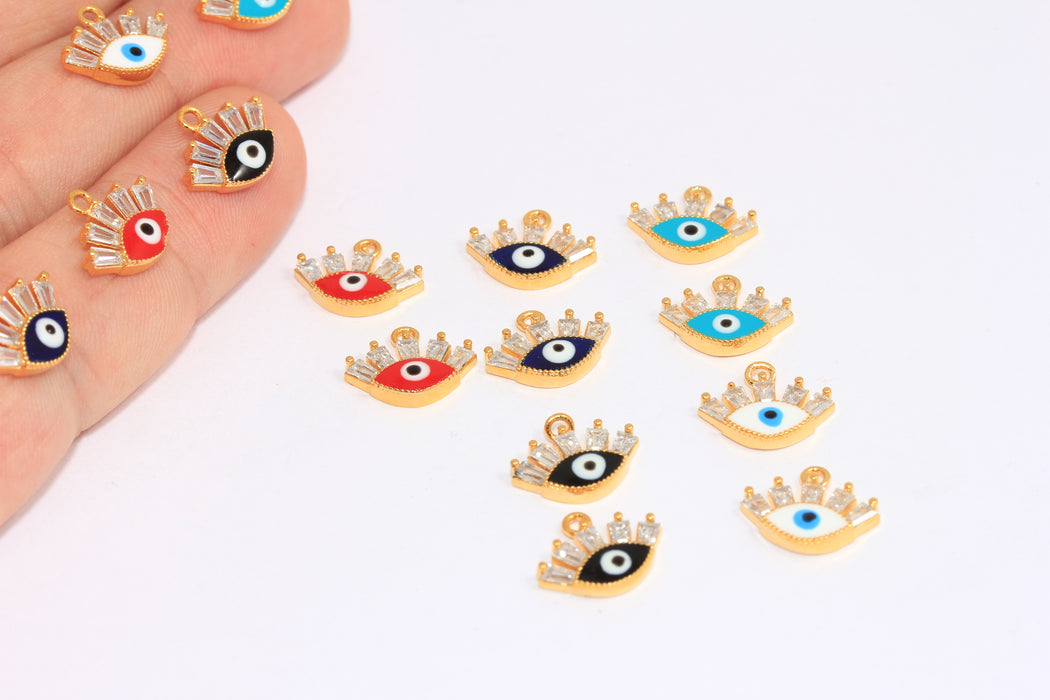 7x12mm 24k Shiny Gold CZ Evil Eye, Micro Pave Evil Eye Charm, Enamel Charm, White Baguette Stone Beads,