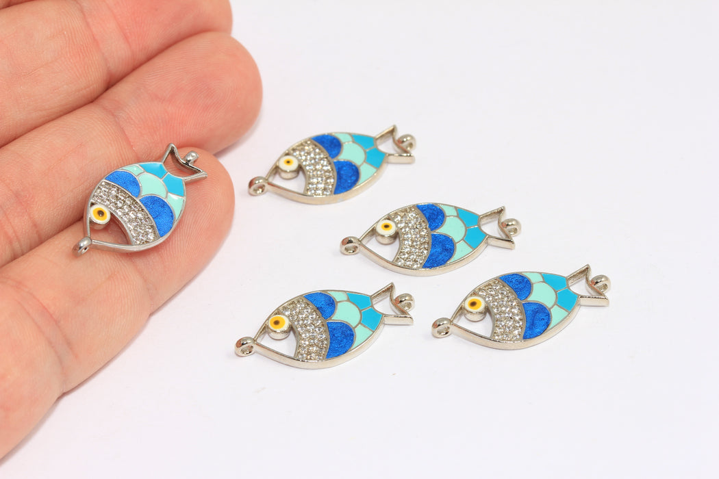 12x26mm Silver Plated Fish Charms, Micro Pave Fish Beads, ZRCN644
