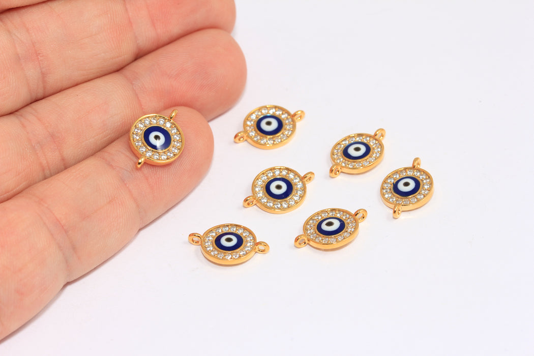 10x15mm 24k Shiny Gold CZ Evil Eye, CZ Bracelet Connector, Micro Pave White Stone Beads, ZRCN25