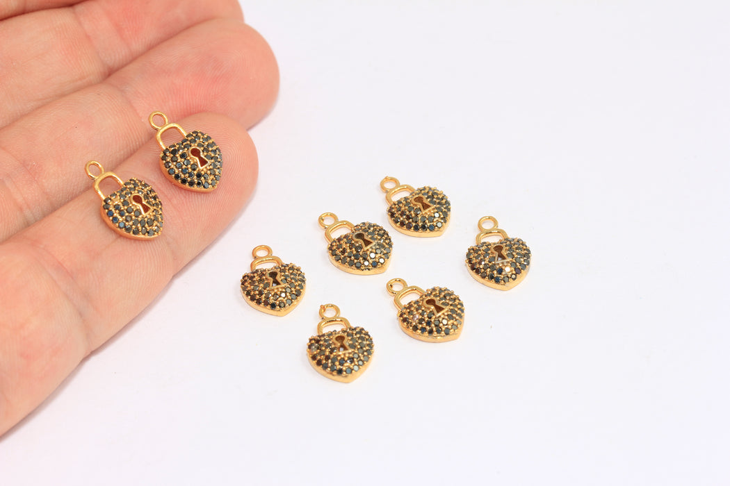 Ciondoli a forma di cuore con zirconi cubici in oro lucido 24k, 10x15 mm, perline con zirconi cubici neri, ZRCN258