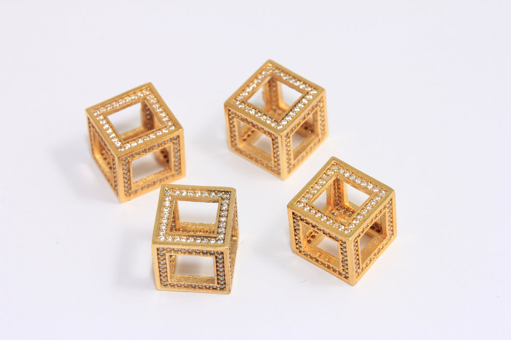 13mm 24k Shiny Gold Open Cube Charms, Micro Pave Cube Pendant, CZ Open Cube Beads, ZRCN779