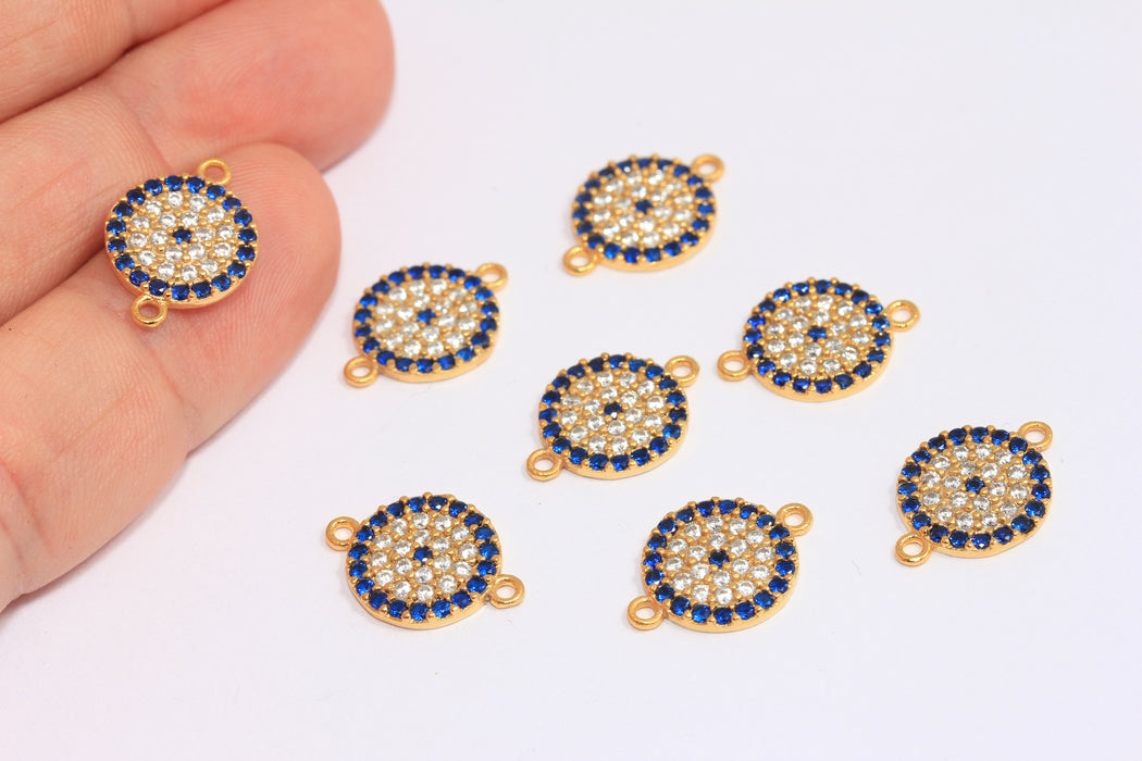 12mm 24k Shiny Gold CZ Evil Eye Charms, Micro Pave Evil Eye Connector Beads, ZRCN797