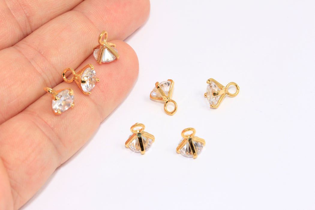 8,5mm 24k Shiny Gold CZ Charms, Crystal Drop Charms, Crystal Pyramid Bracelet Beads, White Stone Beads, ZRCN758