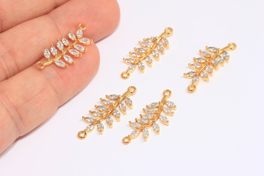 10x20mm 24k Shiny Gold Leaf Charm, Micro Pave Baguette Stone Leaf, White Crystal Leaf Connector Charms, ZRCN751