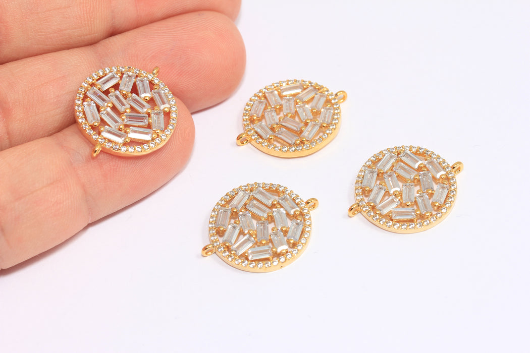 17,5mm 24k Shiny Gold CZ Bracelet Charm, Baguette Stone Connector Charm, CZ White Stone Sunburst, ZRCN731