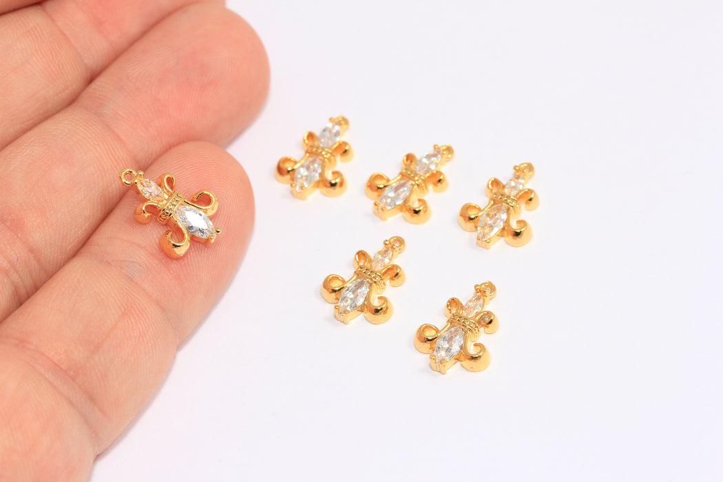 10x12mm 24k Shiny Gold Fleur De Lis Charms, Fleur De Lis Pendant, White Rhinestone Fleur De Lis Charms, ZRCN388