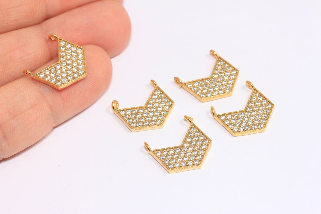 14x15mm 24k Shiny Gold CZ Chevron Charms, Micro Pave Chevron Pendant With 2 Loops, ZRCN707