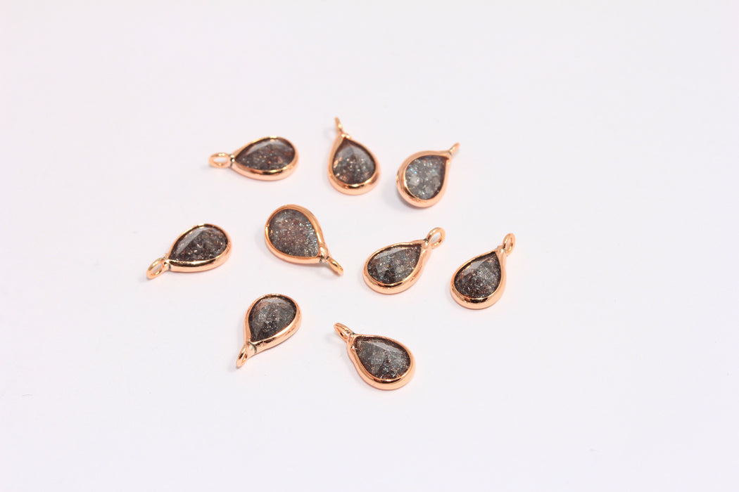 6x11mm Rose Gold Plated Drop Charms, CZ Drop Black Stone Charms, Bezel Crystal Charm, ZRCN744