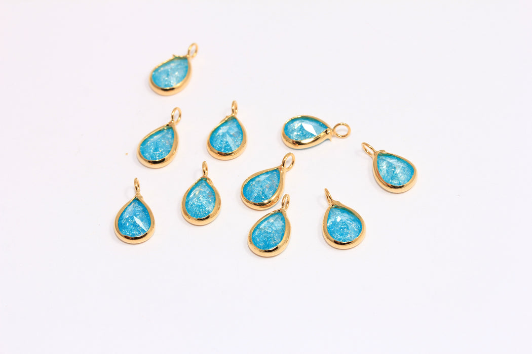 6x11mm CZ Blue Drop Charms, 24k Shiny Gold Drop Pendant, Bezel Crystal Charm, ZRCN754