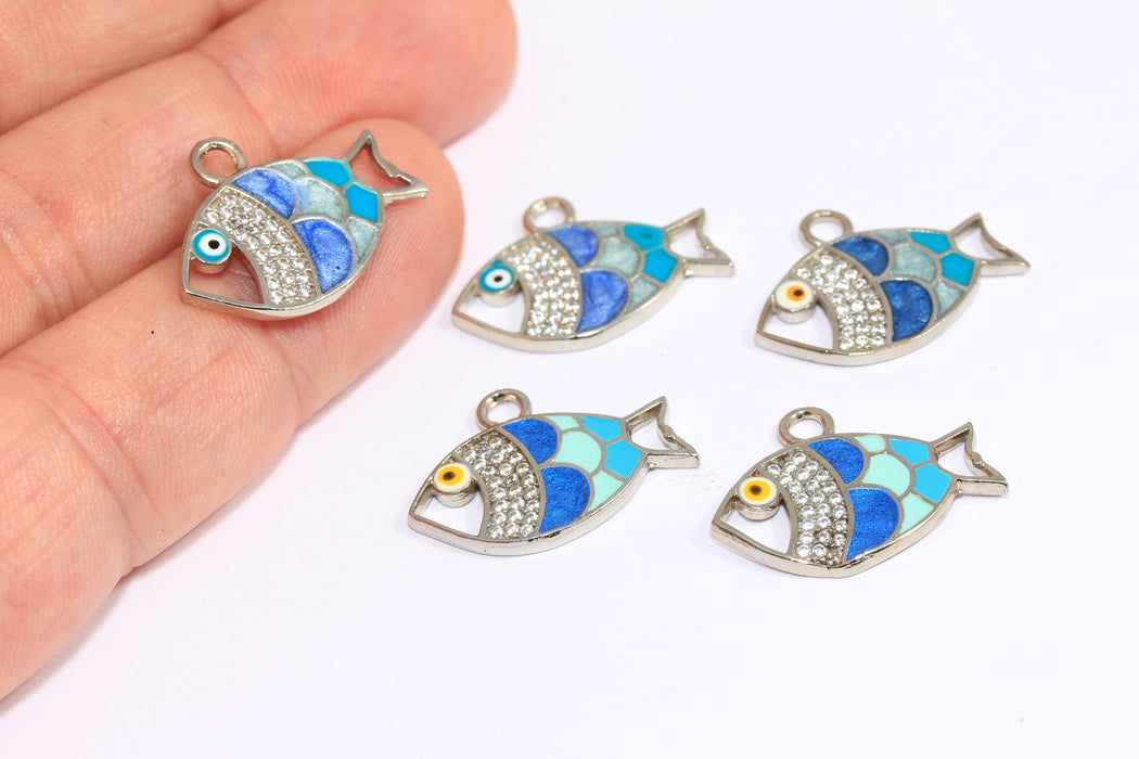 16x22 mm Rodyum Kaplama Balık Charmları, Mikro Döşeme Balık Charmları, Mavi Emaye Balık Charmı, ZRCN734