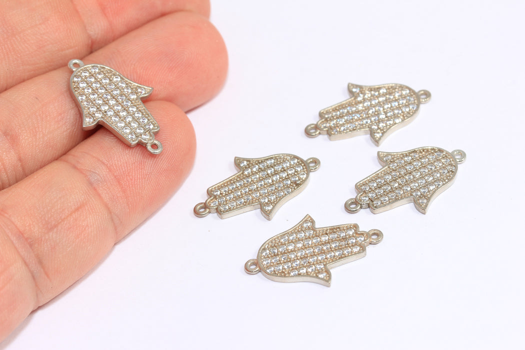 15x23 mm Gümüş Kaplama Hamsa Charm, CZ Hamsa Bağlantı Charm'ı, Mikro Döşeme Fatima Eli, ZRCN770