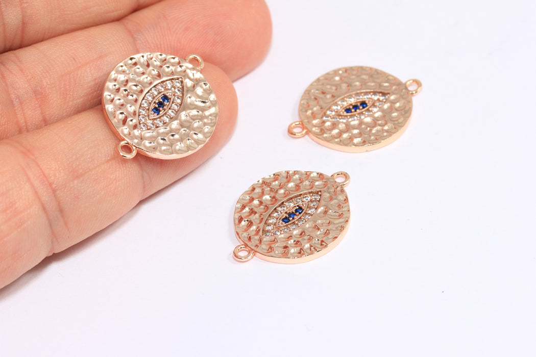19mm Rose Gold Plated CZ Evil Eye Charms, Micro Pave Evil Eye, Hammered CZ Evil Eye Bracelet Charms, ZRCN149