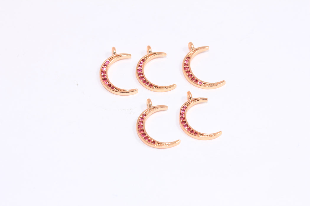 10x14mm Rose Gold Plated Moon Charms, Micro Pave Ruby Stone Moon Charms, CZ Moon Beads, ZRCN243