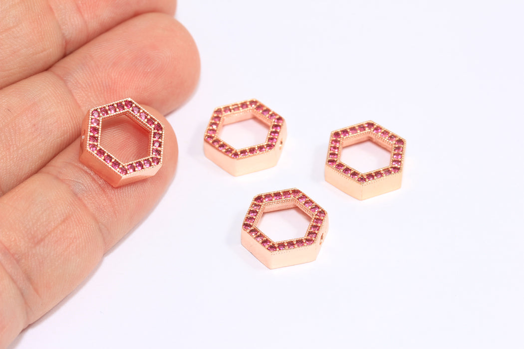 12,5mm Rose Gold Plated Micro Pave Hexagon Pendant, CZ Hexagon Charms, ZRCN160