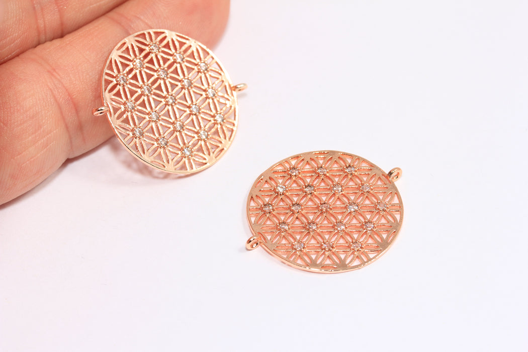 25 mm Gül Altın CZ Charms, Mikro Döşeme Beyaz Taş Charm Çiçek Yaşam Çiçeği, ZRCN225