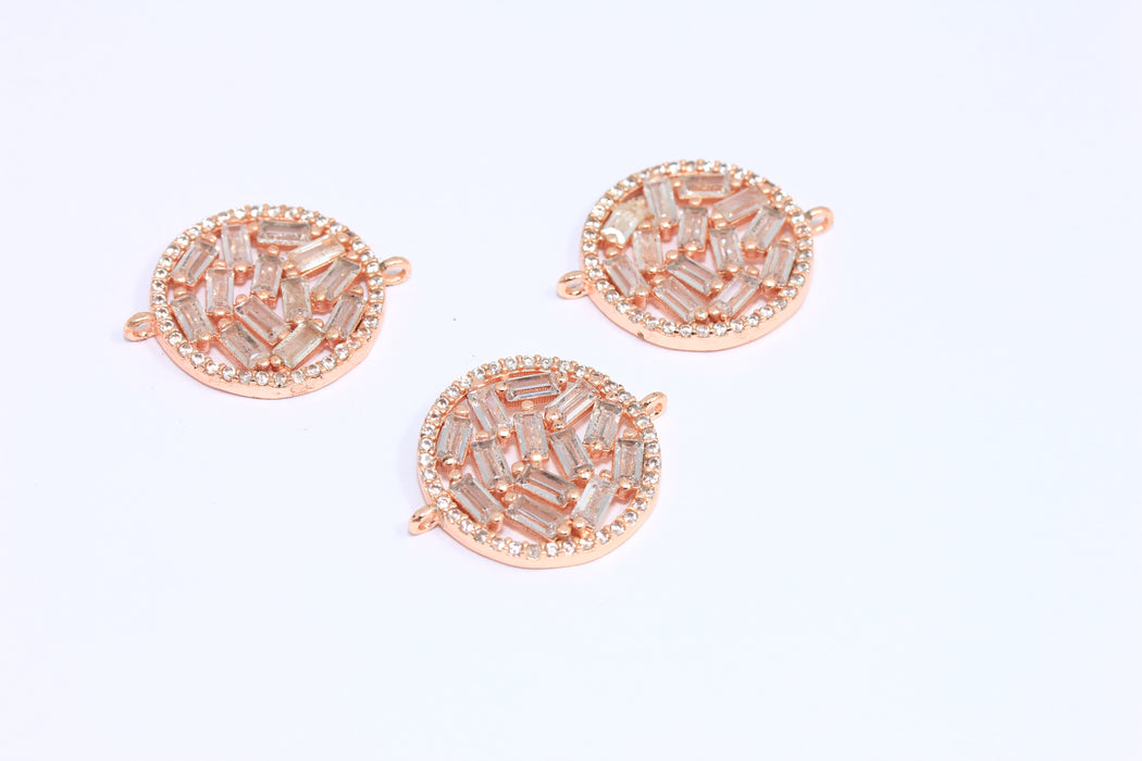 17,5mm Rose Gold Plated CZ Circle Bracelet Charm, White Baguette Stone Sunburst Charm, ZRCN730