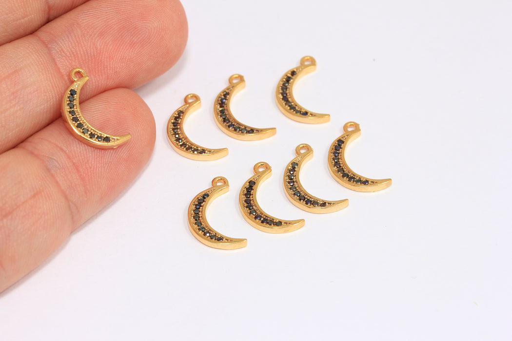 8x12mm 24k Shiny Gold CZ Moon Charms, Micro Pave Black Stone Moon Beads, ZRCN747