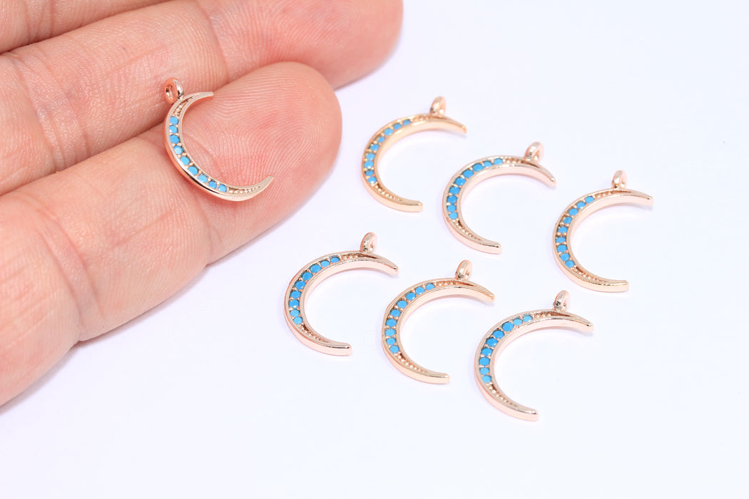 8x12mm Rose Gold Plated CZ Moon Charms, Micro Pave Turquoise Stone Moon Baeds, ZRCN136