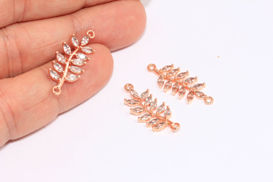10x20mm Rose Gold Plated Leaf Charm, Micro Pave Baguette Stone Leaf, Crystal Leaf Connector Charms, ZRCN768