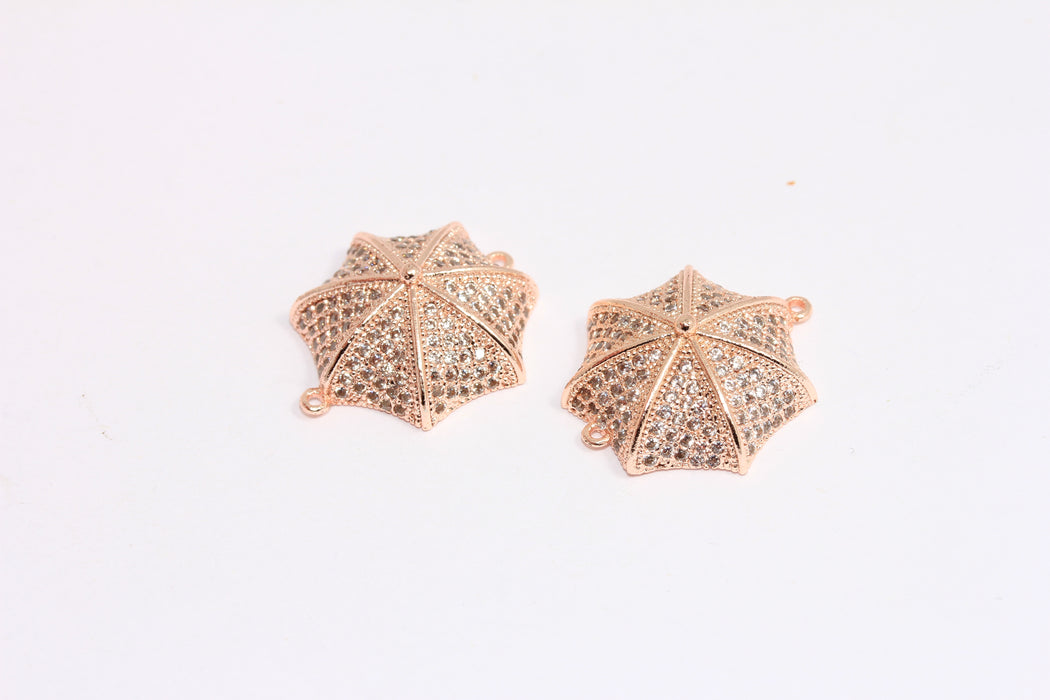 20mm Rose Gold Plated Umbrella Charms, Micro Pave White Stone Umbrella Charms, CZ Umbrella Connector, ZRCN328