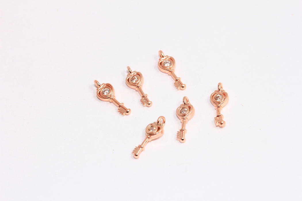 5x12mm Rose Gold Plated Key Charm, Micro Pave Key Pendant, CZ White Crystal Stone Love Key Charm, ZRCN763