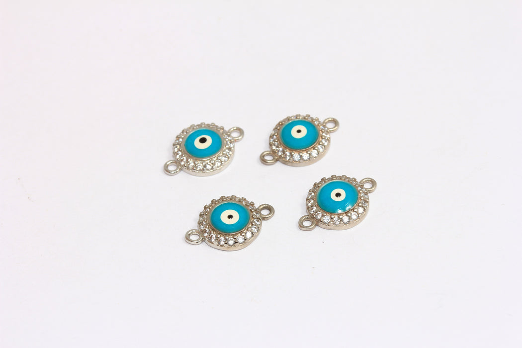 10mm Rhodium Plated CZ Evil Eye, Micro Pave White Stone Evil Eye, Enamel Evil Eye Connector Beads, ZRCN771