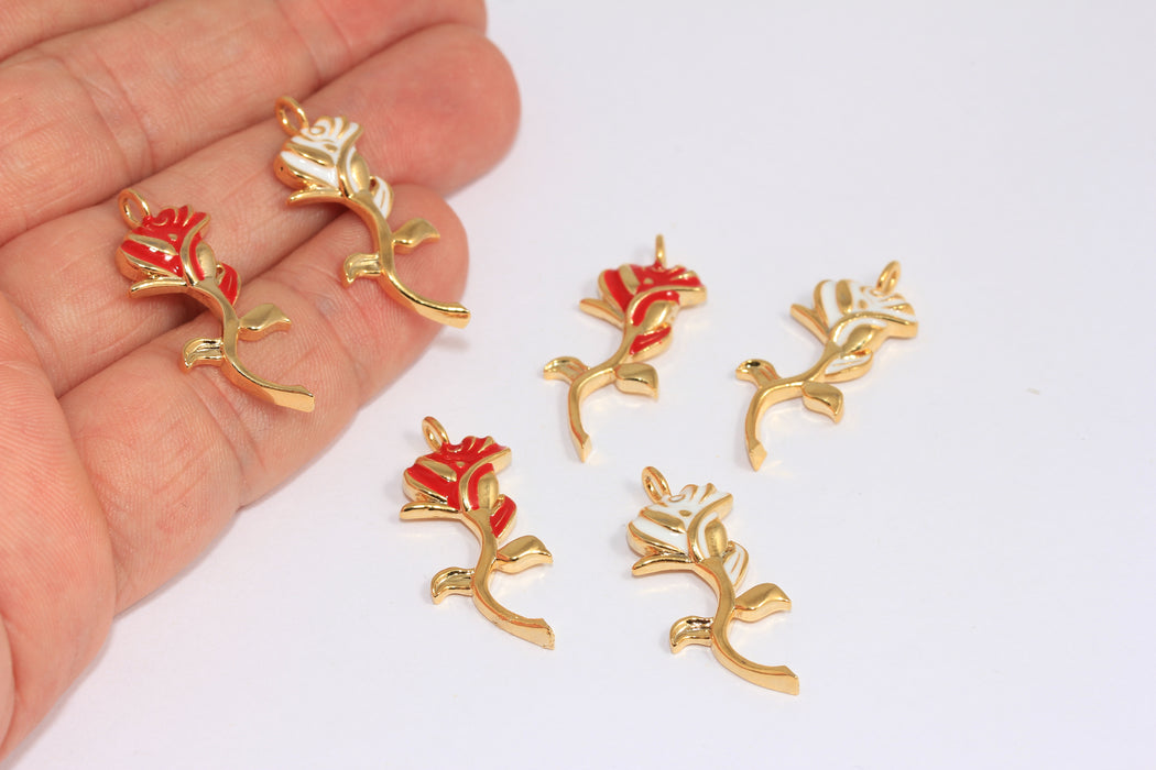 12x31mm 24k Shiny Gold Rose Pendant, Optional Enamel Color Flower Charm, Rose Flower Pendant,