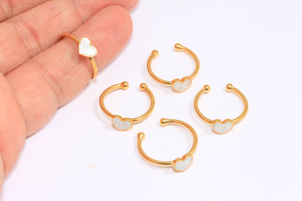 18-19mm 24k Shiny Gold Heart Rings, Pearl Enamel Heart SLM288