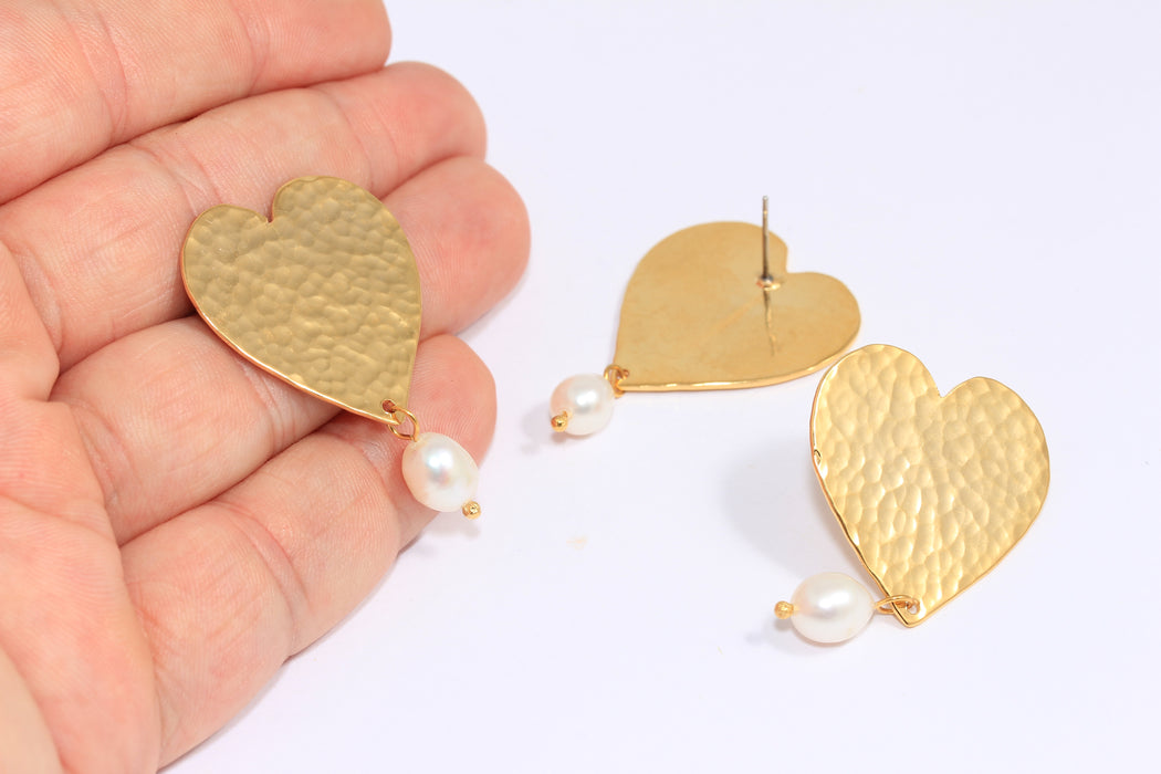Hammered Heart Stud Earrings With Pearl
