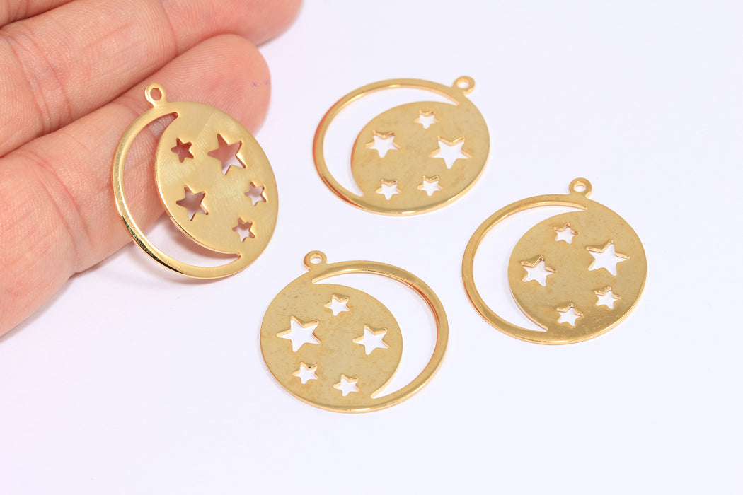 25x28mm 24k Shiny Gold Moon And Stars Medallion, Round Star Medallion, SLM494