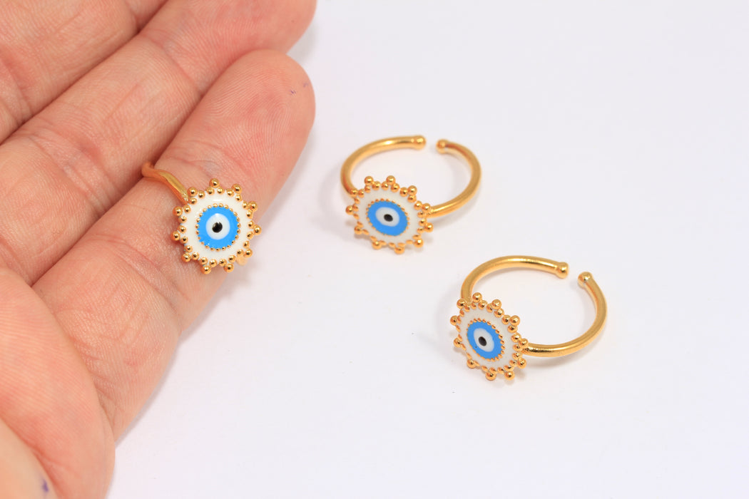 17-18mm 24k Shiny Gold Evil Eye Rings, White Enamel Evil Eye Ring, SLM684
