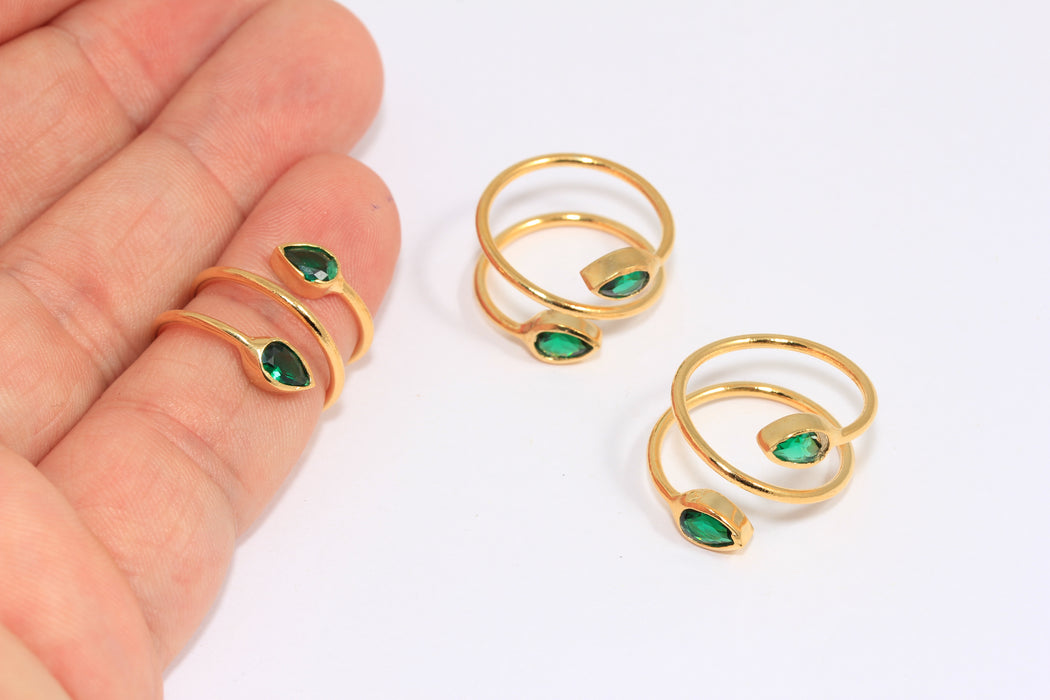 17-18mm 24k Shiny Gold CZ Leaf Wrap Rings, Green Stone Leaf Dainty Rings, SLM1027