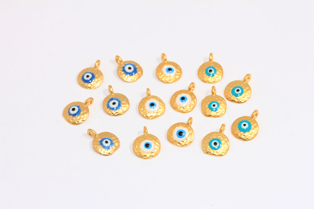 9mm 24k Matt Gold Evil Eye Beads, Evil Eye Charms, Optional Enamel Color Drop Coin Charms, SLM842