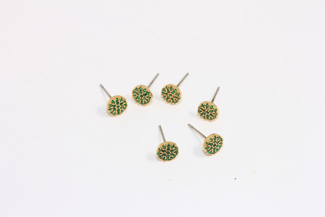CZ Stud Earrings, Micro Pave Green Stone Dot Studs