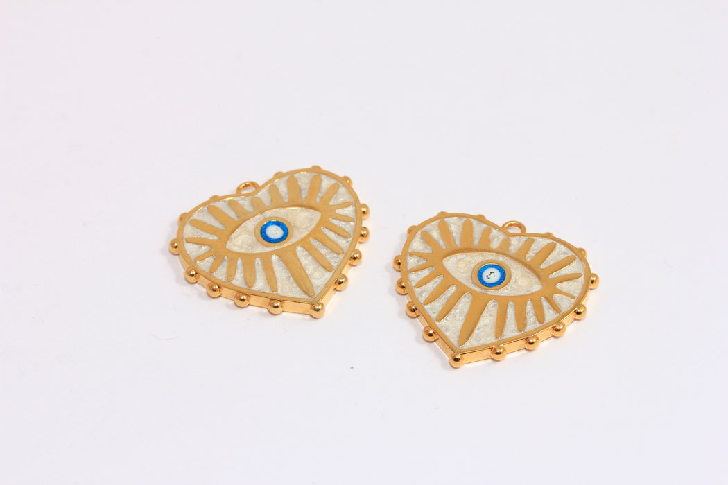 27x28mm 24 Ayar Parlak Altın Kalp, Beyaz Mine Nazar Boncuğu, SLM465