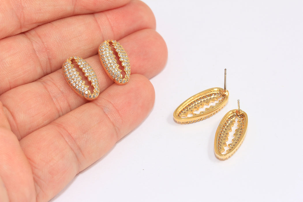 CZ Shell Earrings, Micro pave Cowrie Shell Studs