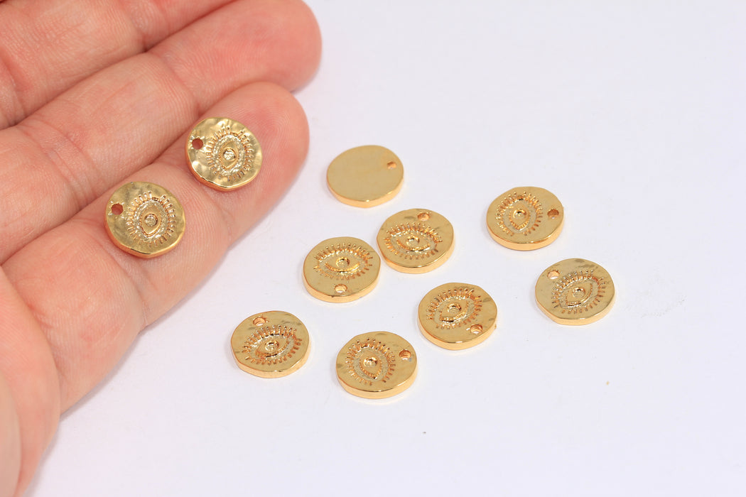 11mm 24k Shiny Gold Coin Beads, Round Eye Charms, Evil Eye Coin Charms, SLM71