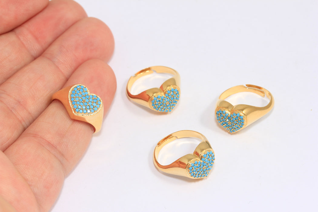 16mm 24k Shiny Gold Heart Ring, Micro Pave Heart Rings, SLM534