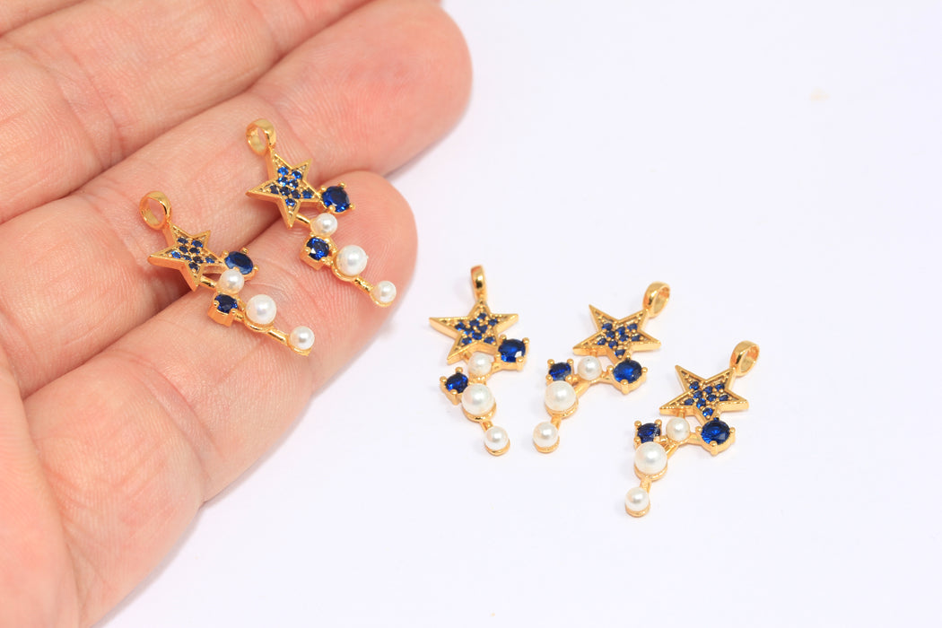 10x21mm 24k Shiny Gold CZ Star Charms, Micro Pave Blue Stone Star Charms, CZ Pearl Star Drop Beads, SLM275