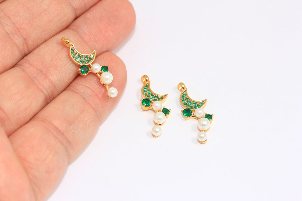 10x22mm 24k Shiny Gold CZ Moon Charms, Micro Pave Green Stone Moon Charms, CZ Pearl Moon Drop Beads, SLM266