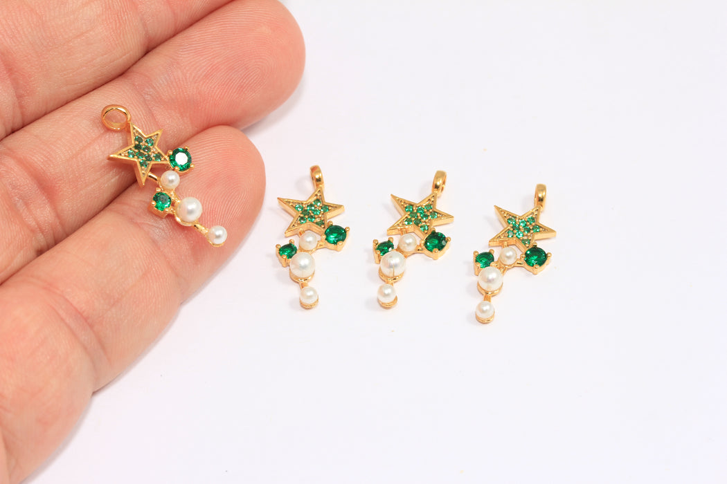10x21mm 24k Shiny Gold CZ Star Charms, Micro Pave Green Stone Star Charms, CZ Pearl Star Drop Beads, SLM213