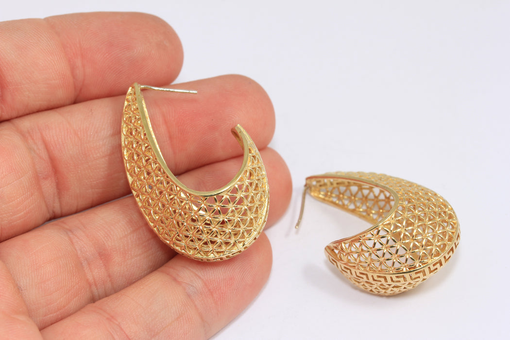 Filigree Hoop Earrings, Drop Earrings, Perforated Brass Hoops,