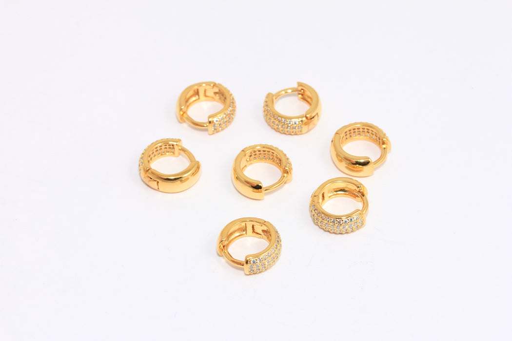 12mm 24k Shiny Gold Hoop Earrings, Micro Pave Huggie Hoops, CZ White Stone Color Hoops, ROSE541