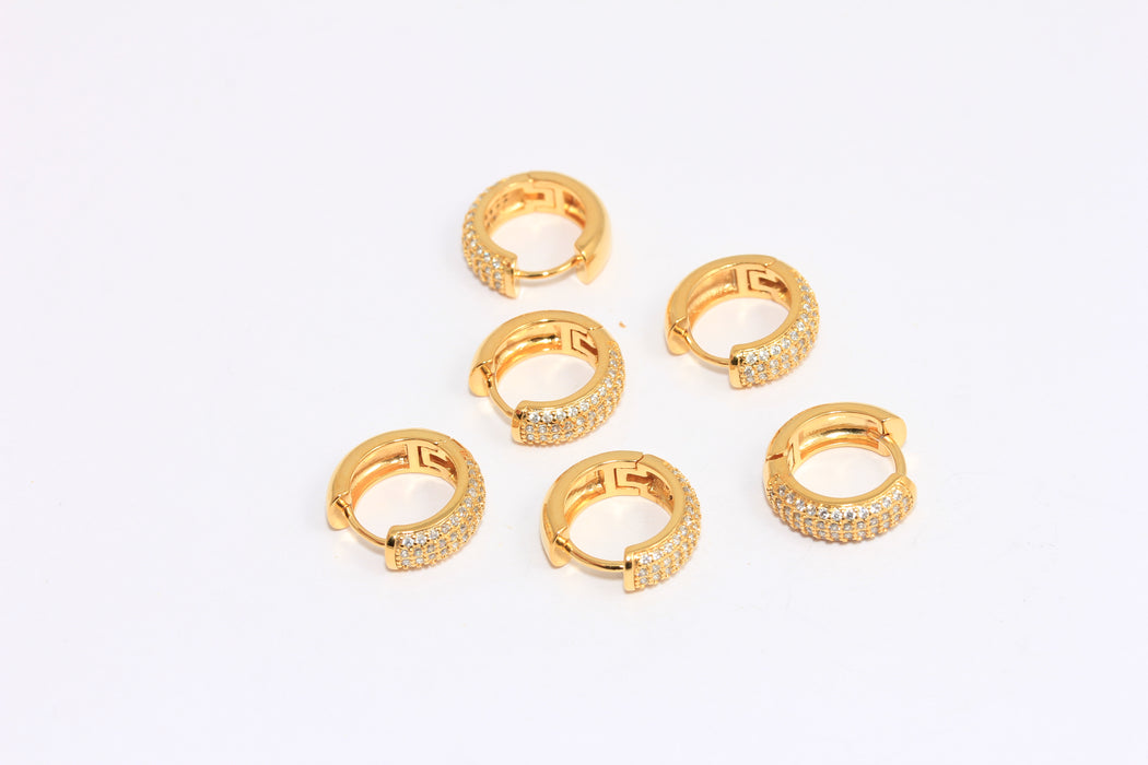 14mm 24k Shiny Gold Hoop Earrings, Micro Pave Huggie Hoops, CZ White Stone Color Hoops, SLM442