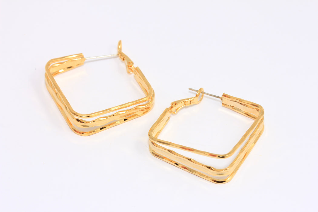 30mm 24k Shiny Gold Earring Hoops, Handmade Earring, Square Hoops, Triple Wire Earrings, AE161
