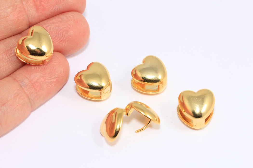 12x15mm 24k Shiny Gold Heart Earrings, Heart Earring Clasps, Puffed Heart Earrings, TBP39