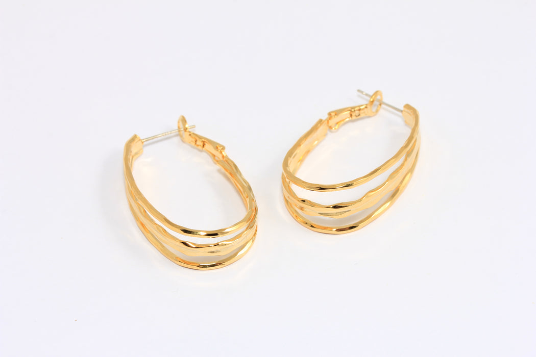 22x35mm 24k Shiny Gold Drop Earring Hoops, Teardrop Earrings, Triple Wire Earrings, ROSE192