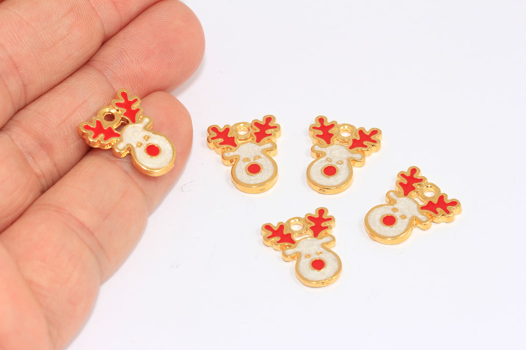 14x17mm 24k Shiny Gold Charms, Enamel Reindeer Bracelet Charm, Cute Reindeer Beads, Christmas Charms, SLM819