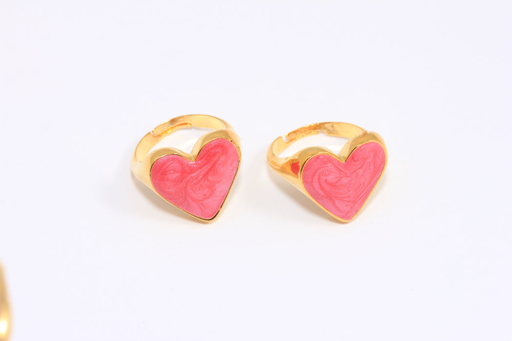 17-18mm 24k Shiny Gold Heart Rings, Pearl Pink Enamel Heart Ring, Heart Shaped Rings, SLM831