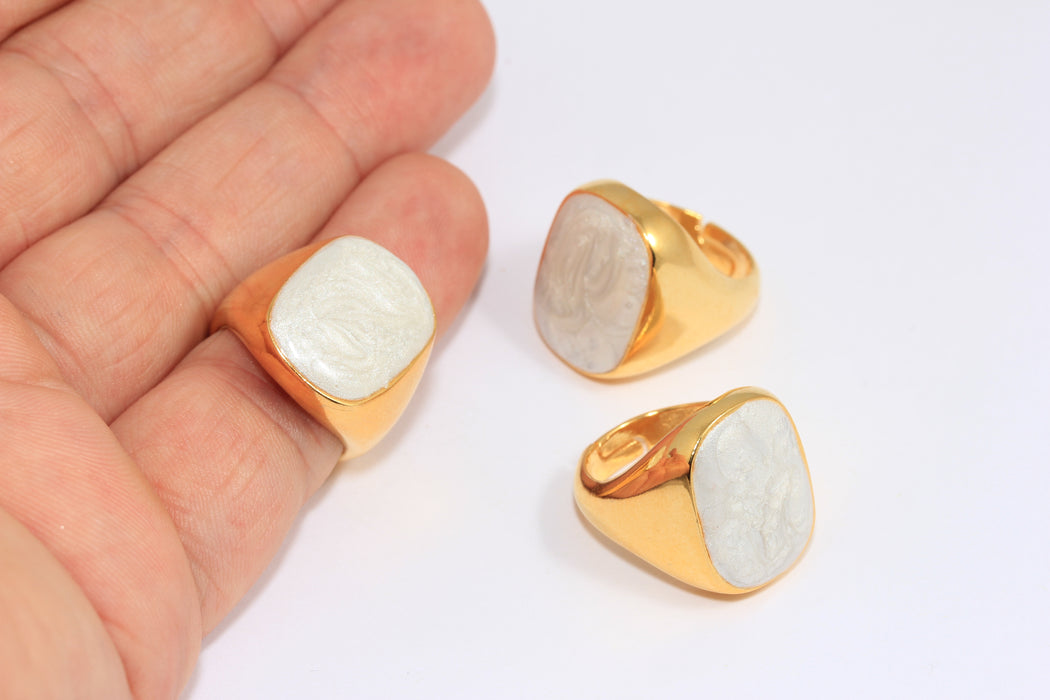 17-18mm 24k Shiny Gold Square Rings, White Pearl Enamel Rings, SLM148